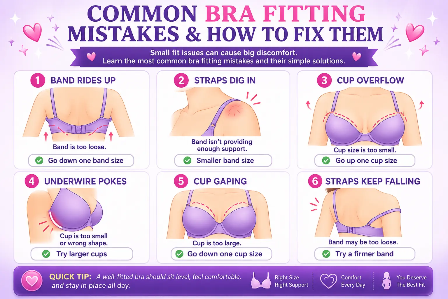 Common bra fitting mistakes and how to fix them, band rides up, straps dig in, cup overflow, underwire pokes, cup gaping, and straps falling infographic